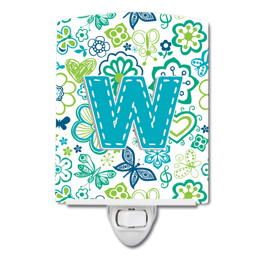 Letter W Flowers & Butterflies Teal & Blue Ceramic Night Light