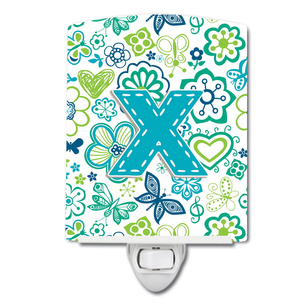 Letter X Flowers & Butterflies Teal & Blue Ceramic Night Light