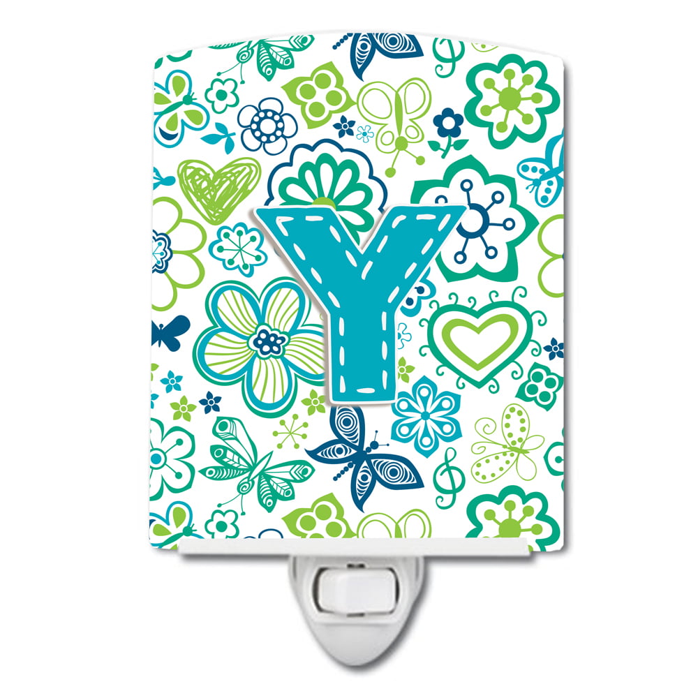 Letter Y Flowers & Butterflies Teal & Blue Ceramic Night Light