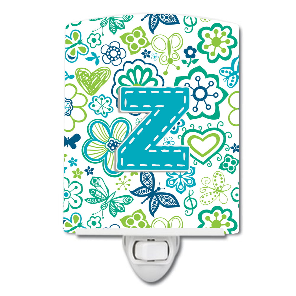 Letter Z Flowers & Butterflies Teal & Blue Ceramic Night Light