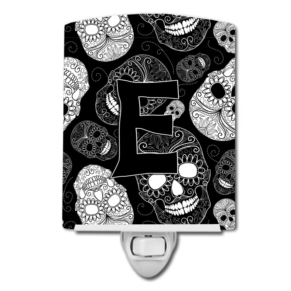 Letter E Day of the Dead Skulls Black Ceramic Night Light