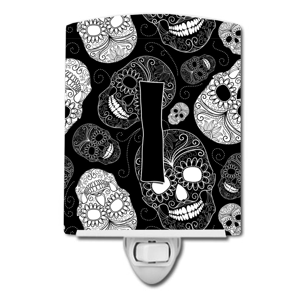 CJ2008-ICNL Letter I Day of the Dead Skulls Black Ceramic Night Light