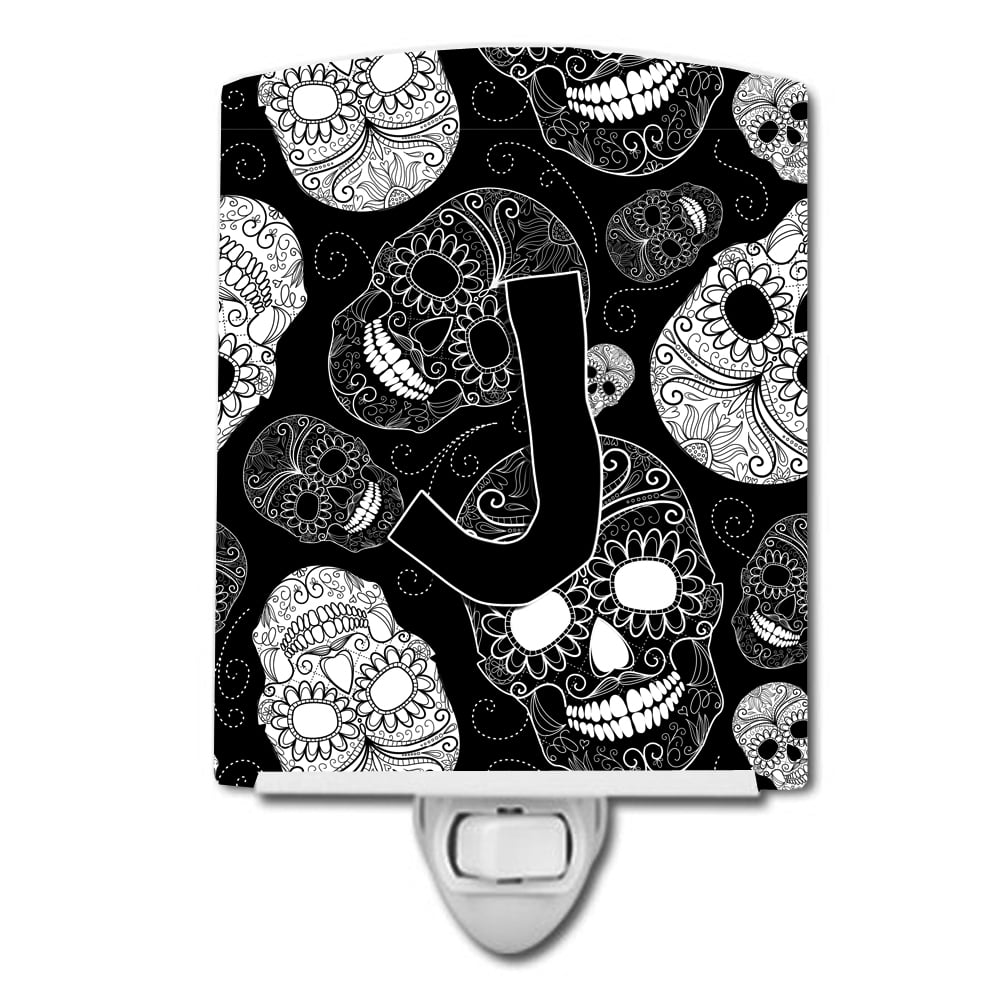 Letter J Day of the Dead Skulls Black Ceramic Night Light