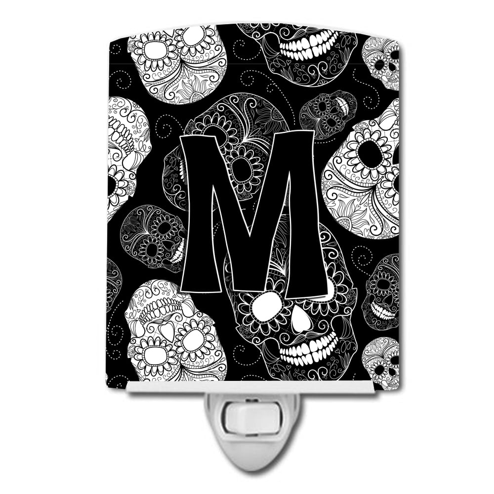 CJ2008-MCNL Letter M Day of the Dead Skulls Black Ceramic Night Light