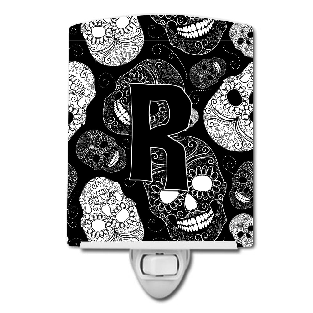 CJ2008-RCNL Letter R Day of the Dead Skulls Black Ceramic Night Light