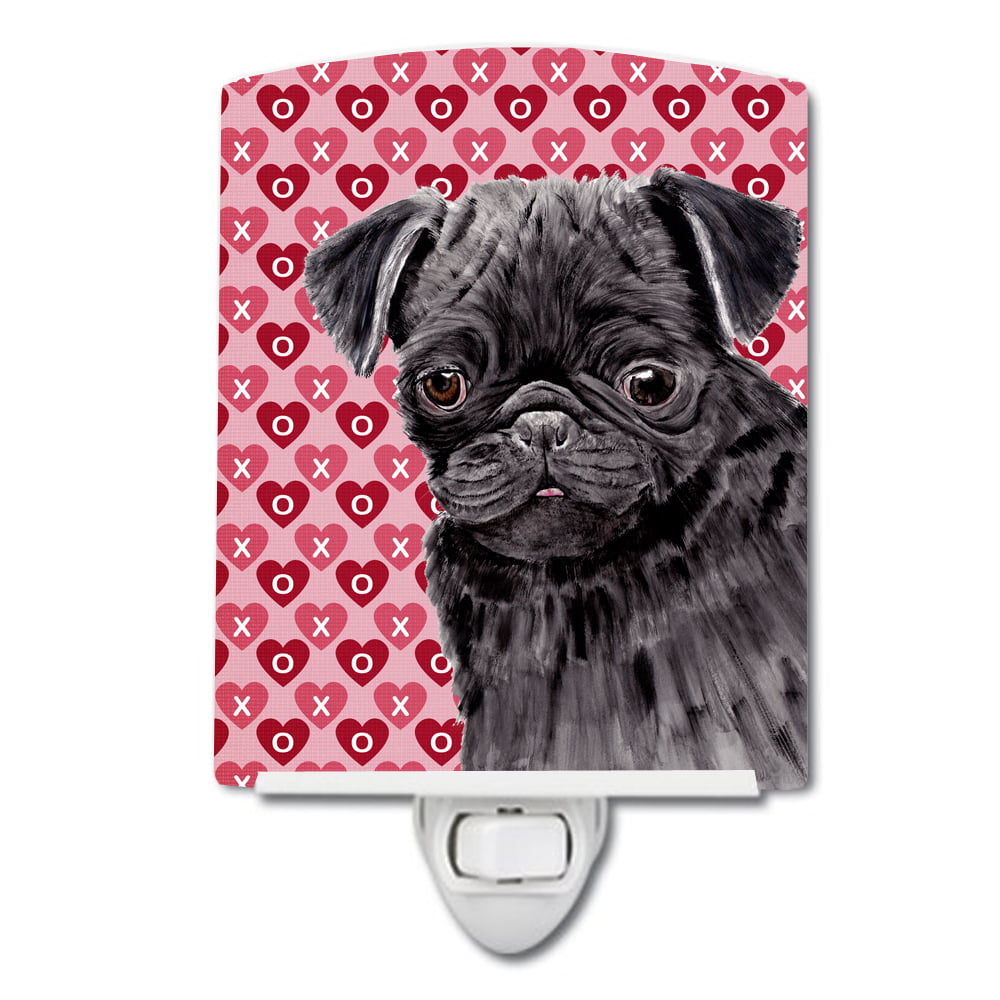 Pug Black Hearts Love & Valentines Day Portrait Ceramic Night Light