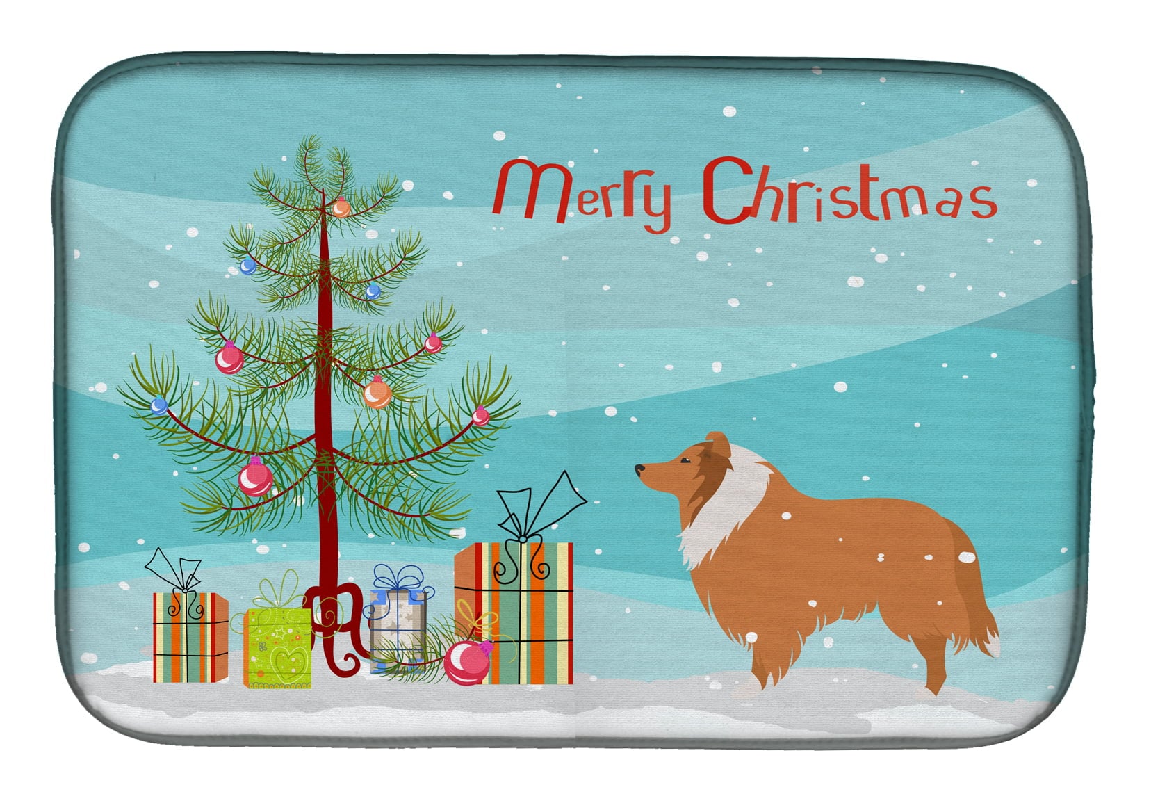 Collie Dog Merry Christmas Tree Dish Drying Mat