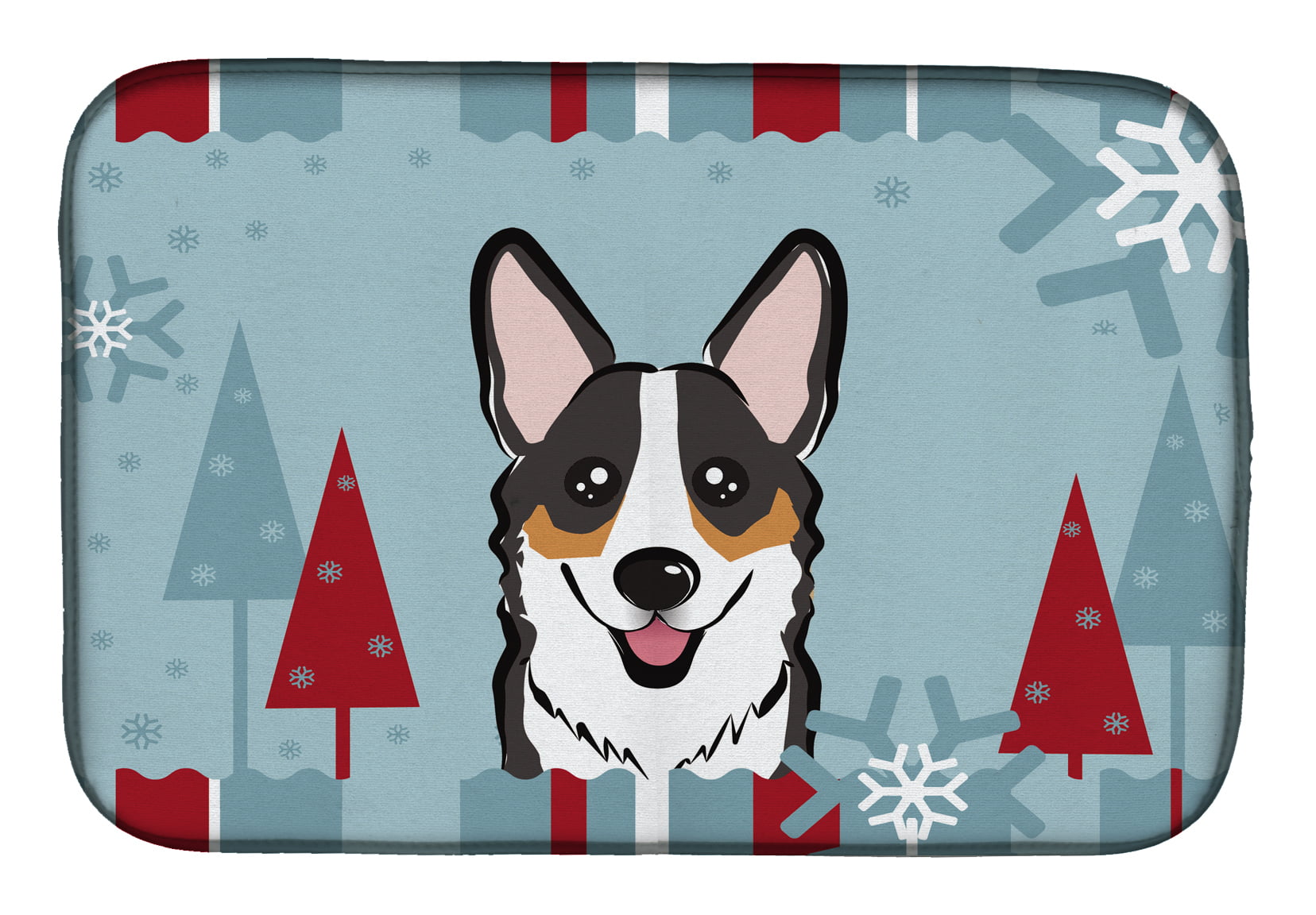 Winter Holiday Tricolor Corgi Dish Drying Mat