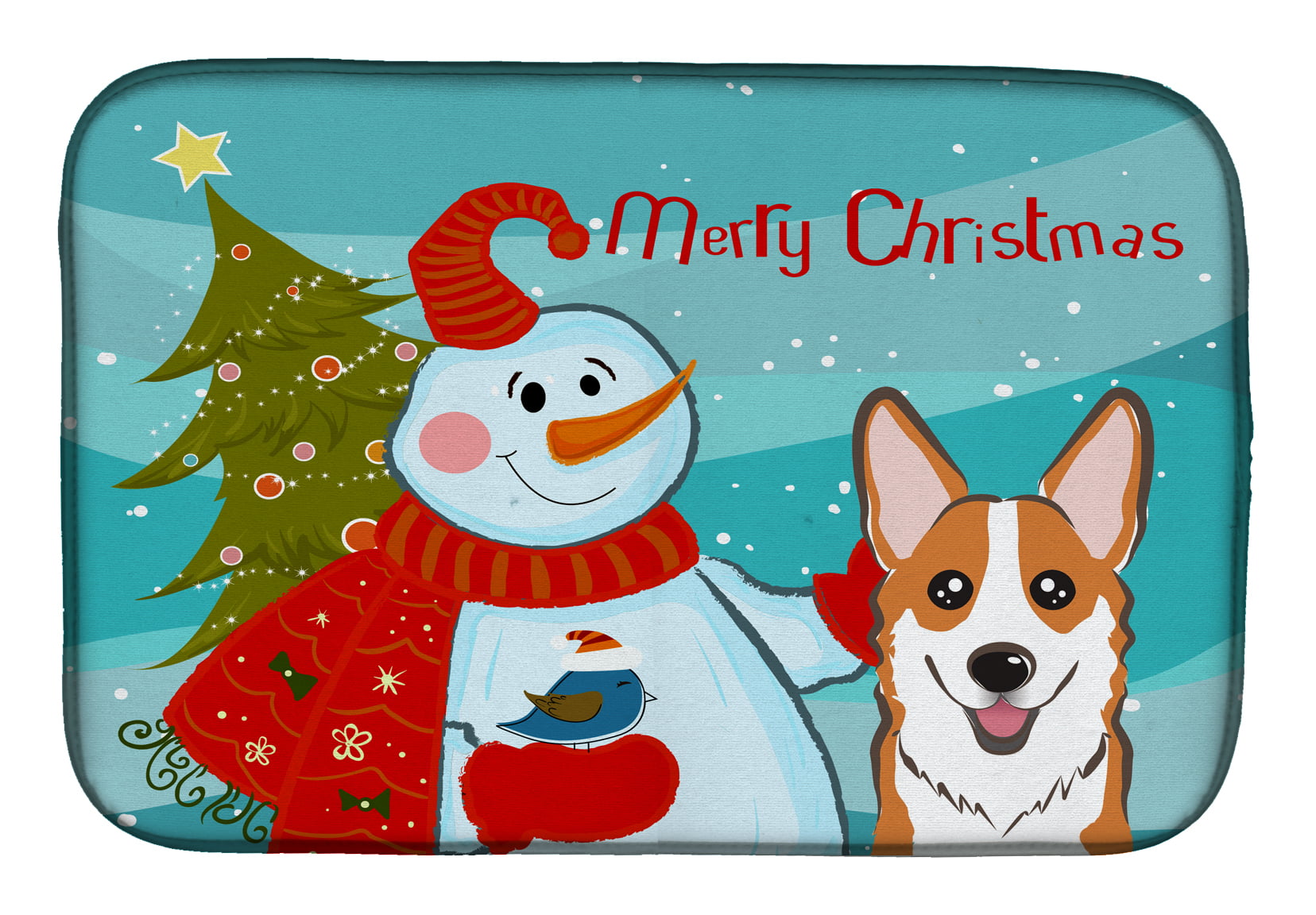 BB1874DDM Snowman With Red Corgi Dish Drying Mat