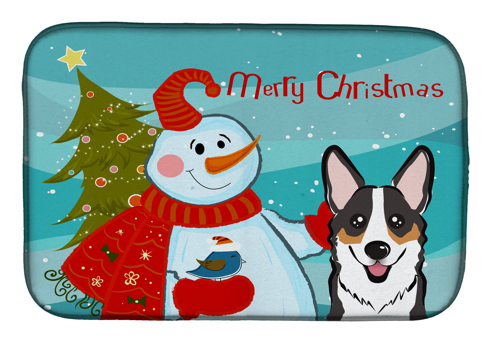 Snowman With Tricolor Corgi Dish Drying Mat