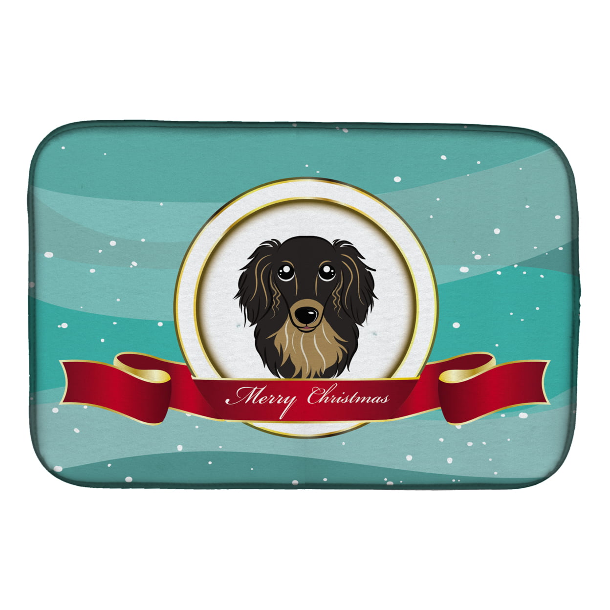 Longhair Black & Tan Dachshund Merry Christmas Dish Drying Mat