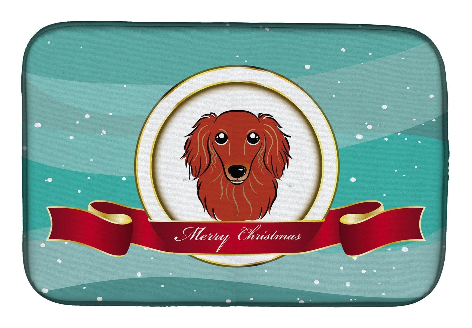 Longhair Red Dachshund Merry Christmas Dish Drying Mat