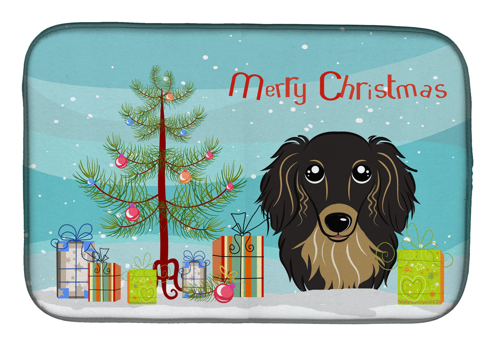 Christmas Tree & Longhair Black & Tan Dachshund Dish Drying Mat