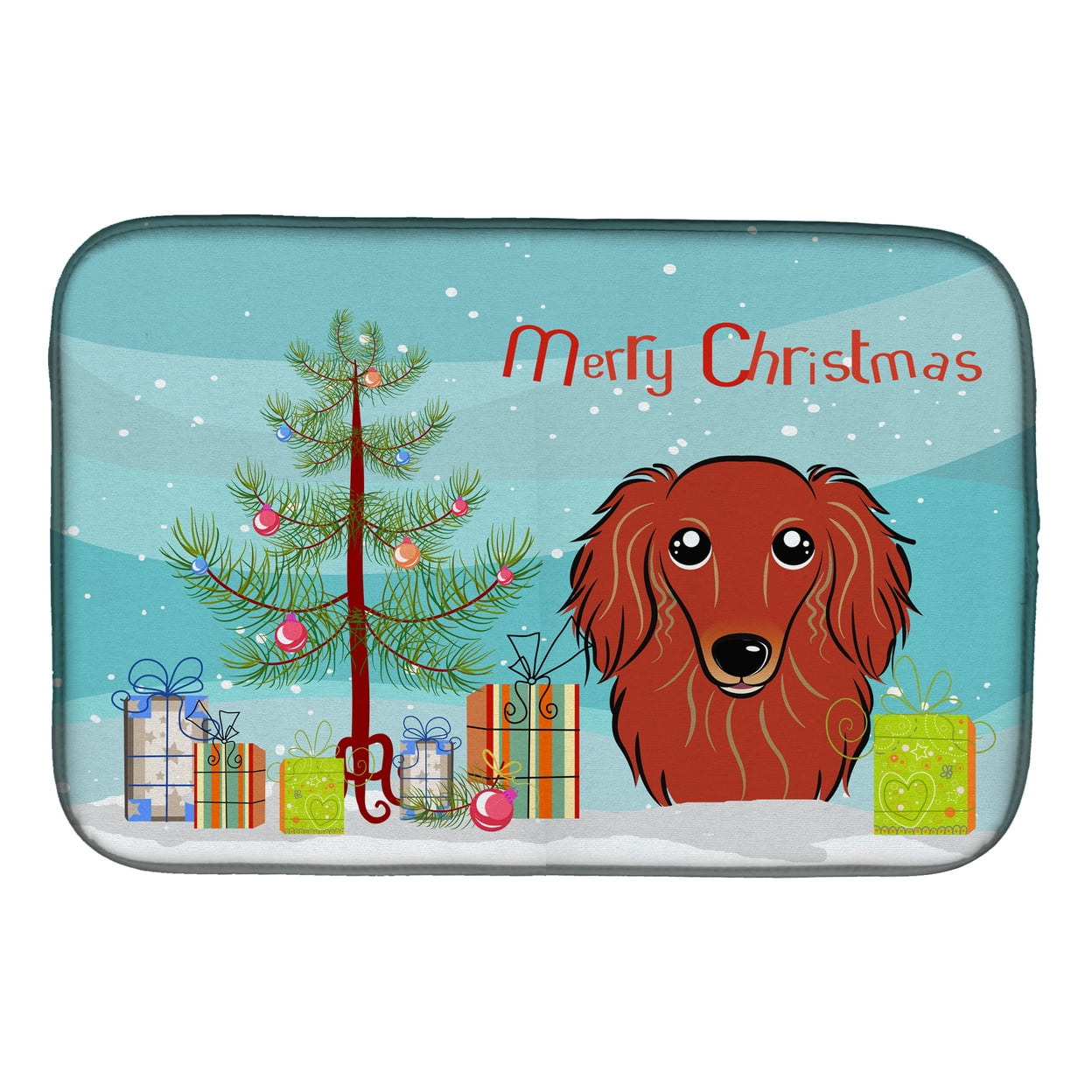 Christmas Tree & Longhair Red Dachshund Dish Drying Mat