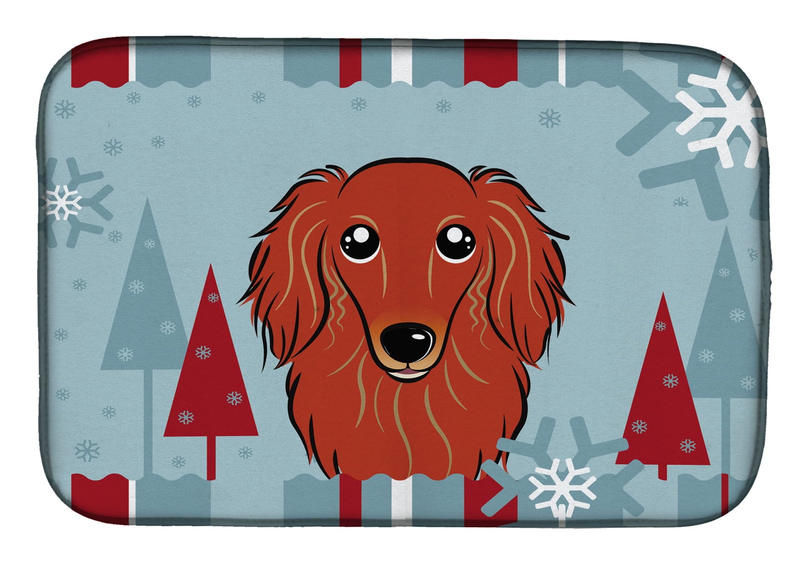 Winter Holiday Longhair Red Dachshund Dish Drying Mat