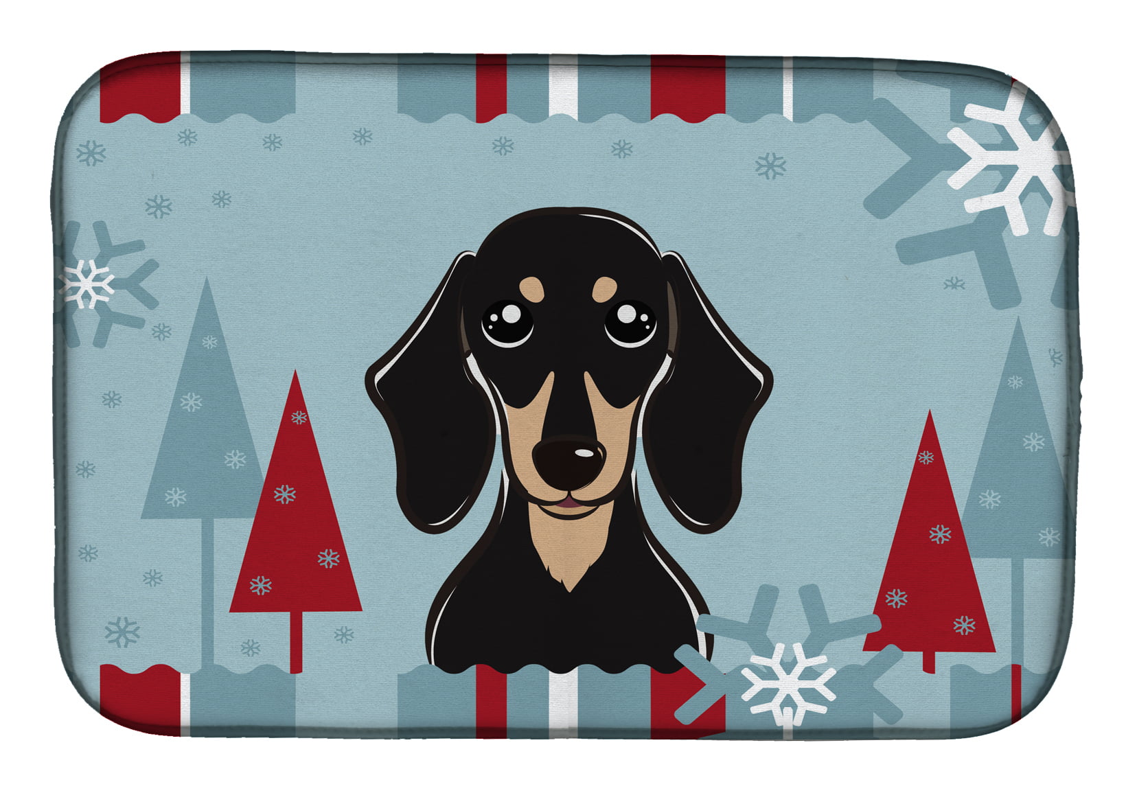 Winter Holiday Smooth Black & Tan Dachshund Dish Drying Mat