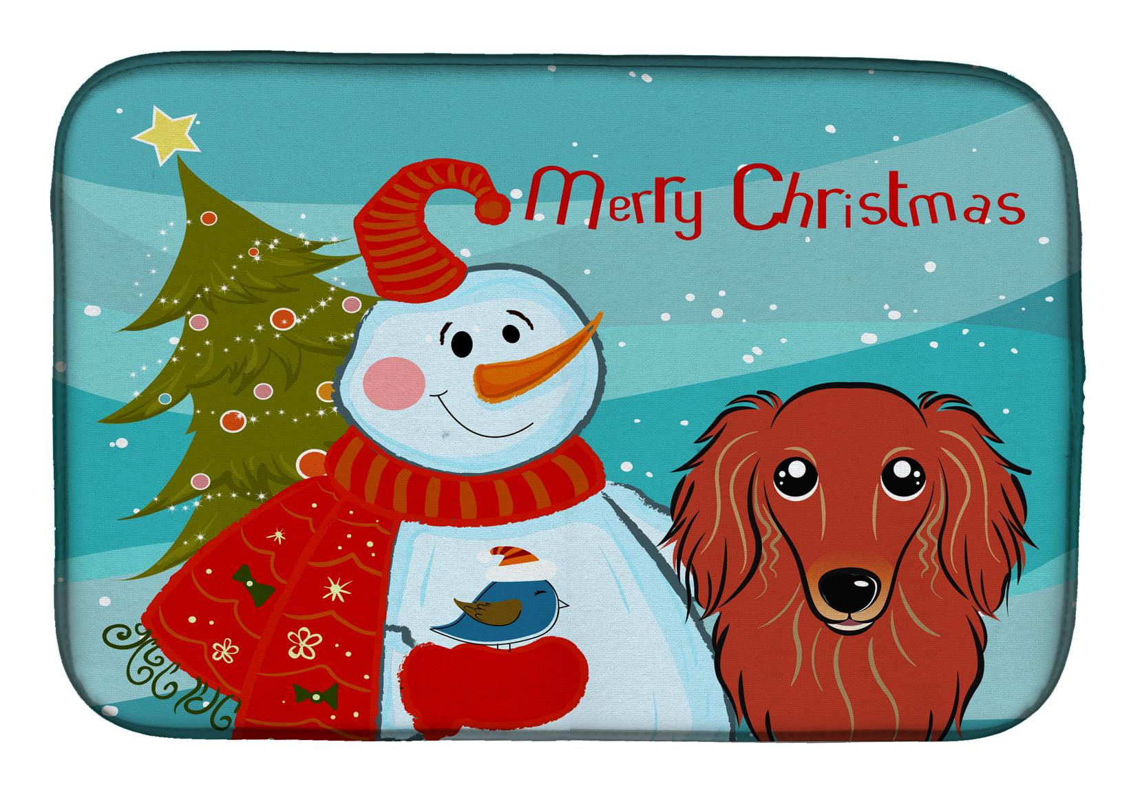 Snowman With Longhair Red Dachshund Dish Drying Mat