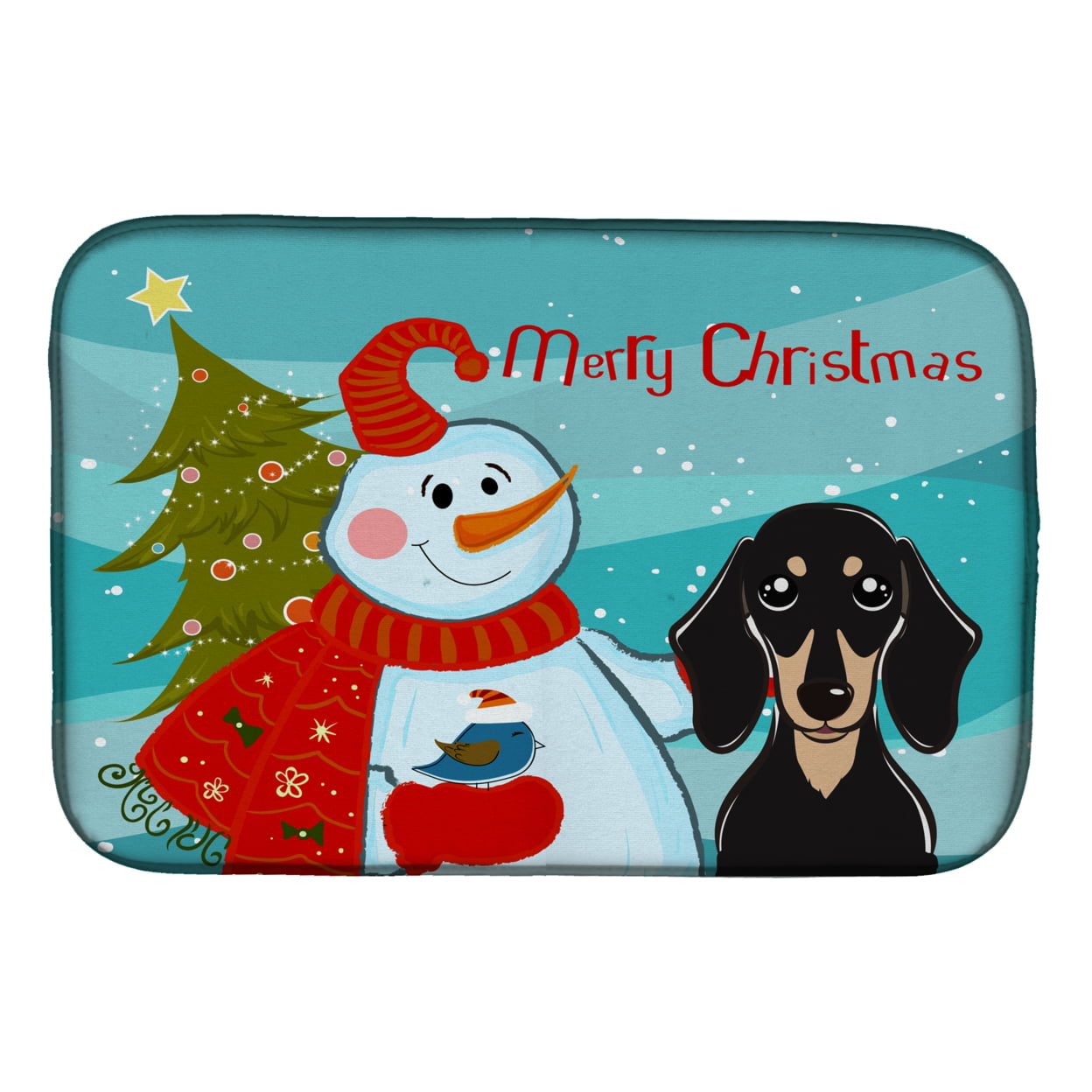 Snowman With Smooth Black & Tan Dachshund Dish Drying Mat