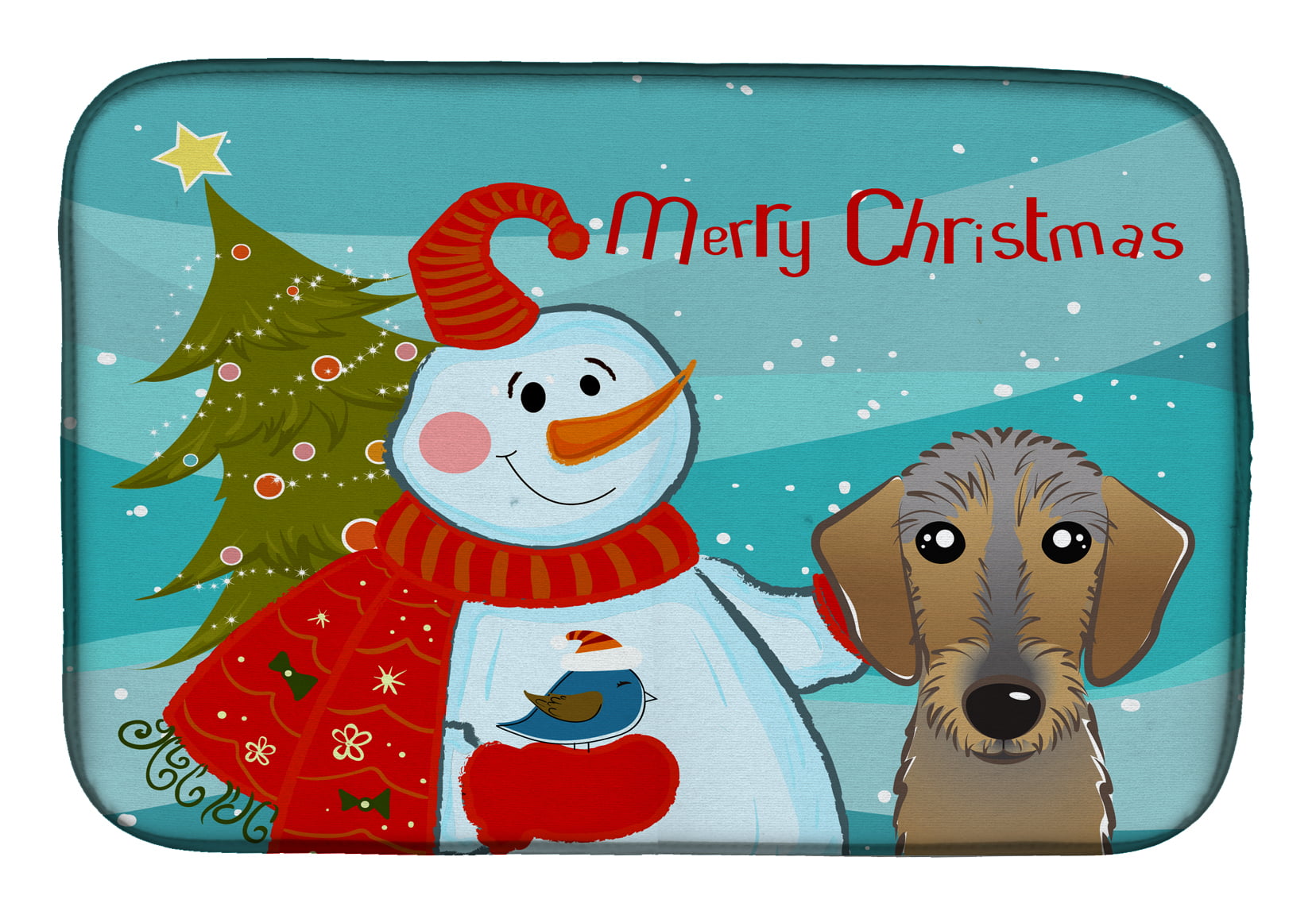 Snowman With Wirehaired Dachshund Dish Drying Mat