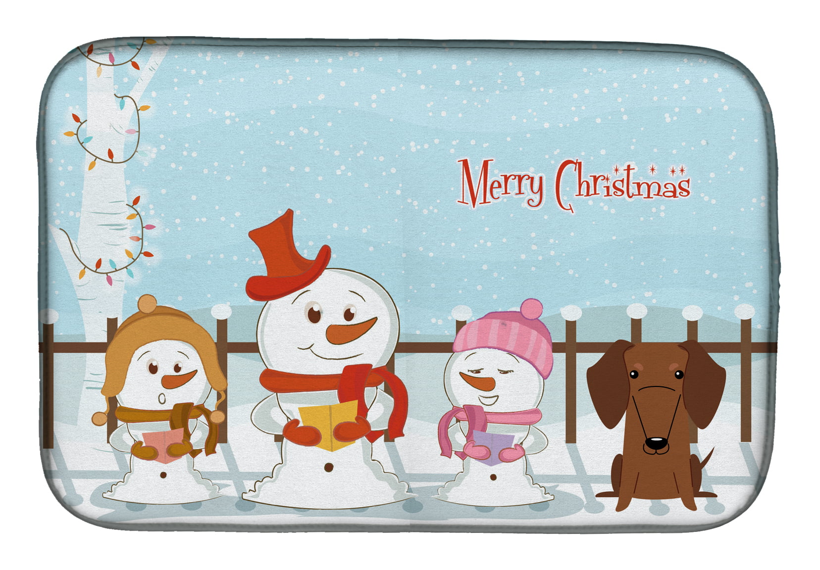 Merry Christmas Carolers Dachshund Red Brown Dish Drying Mat