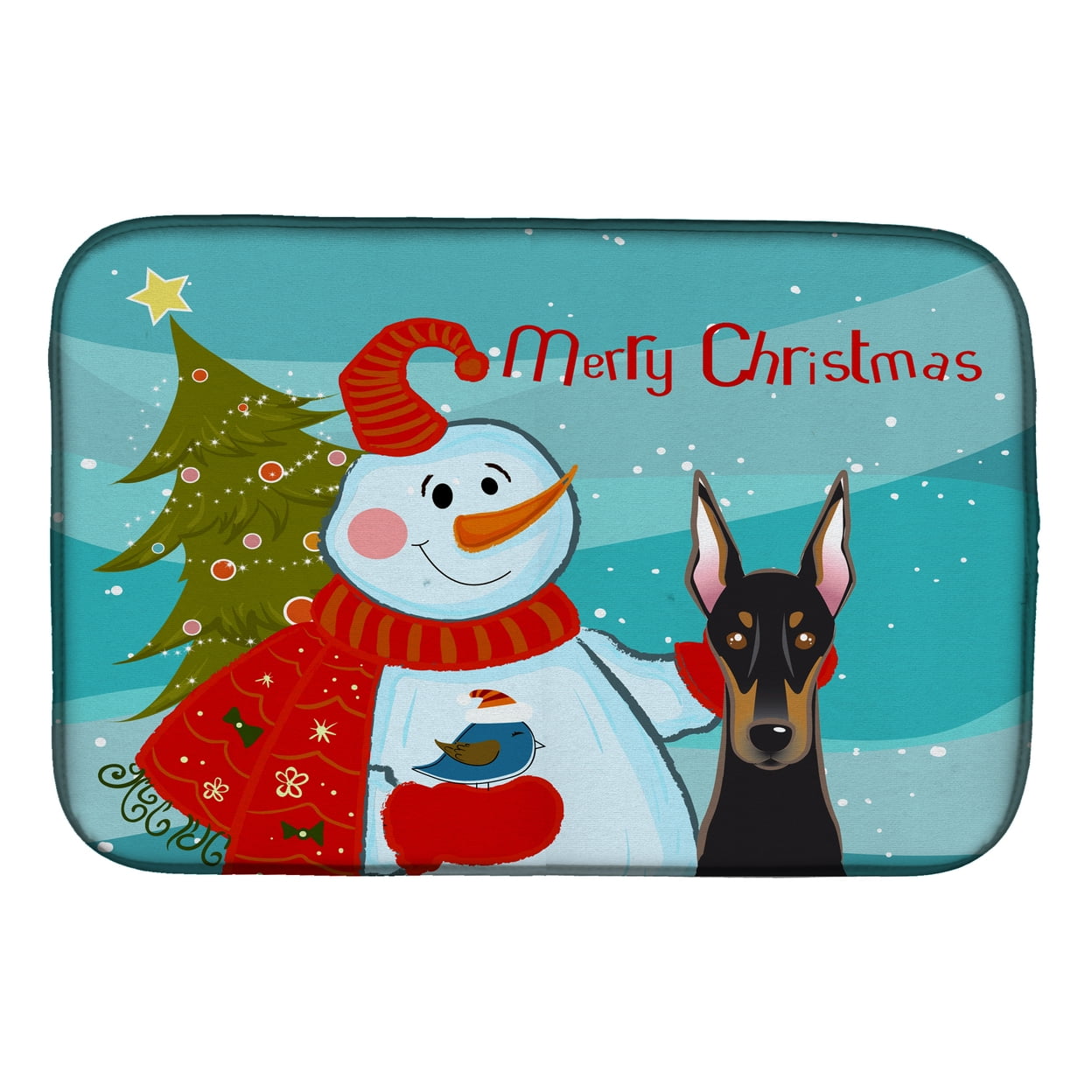 Snowman With Doberman Dish Drying Mat