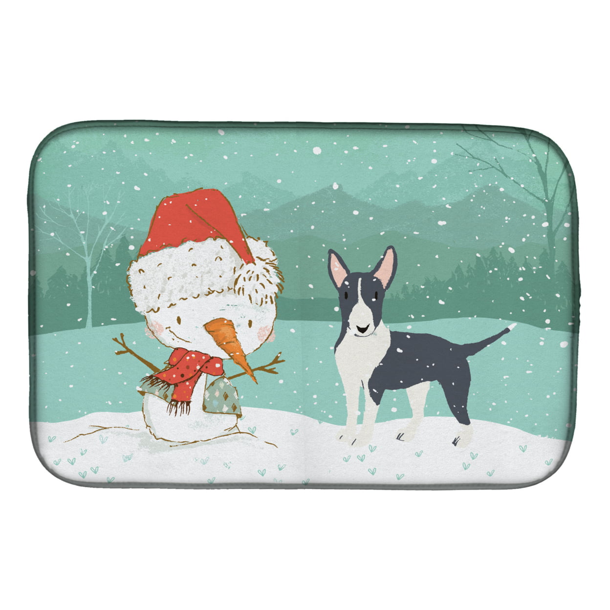 Picture of Carolines Treasures CK2055DDM Black Bull Terrier Snowman Christmas Dish Drying Mat