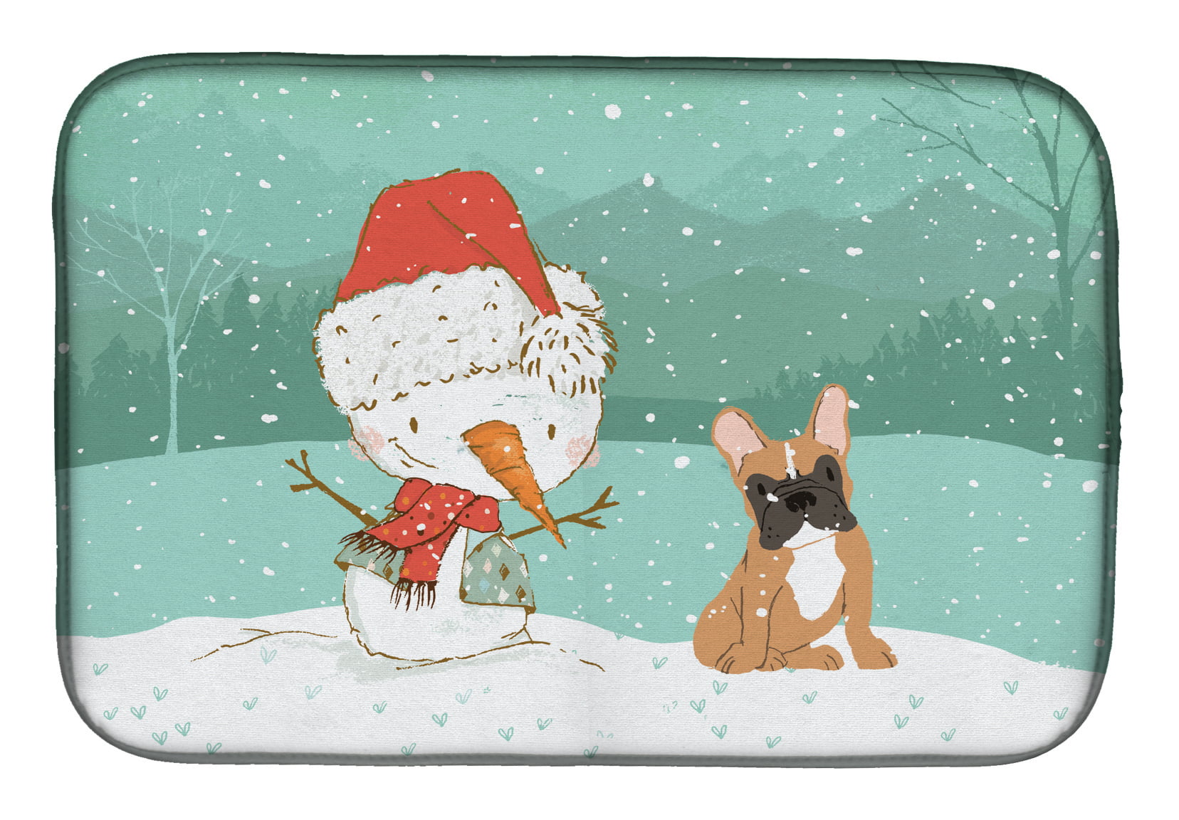 Picture of Carolines Treasures CK2086DDM Fawn French Bulldog Snowman Christmas Dish Drying Mat