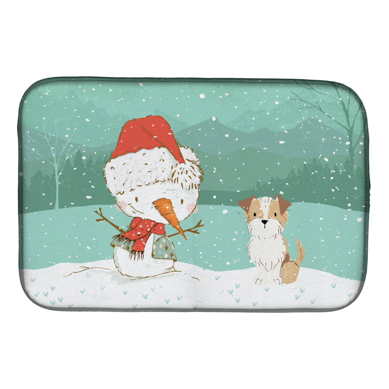 Brown & White Terrier Snowman Christmas Dish Drying Mat