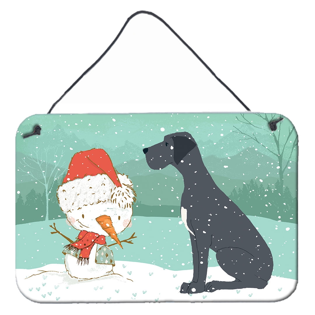 Black Great Dane & Snowman Christmas Wall or Door Hanging Prints