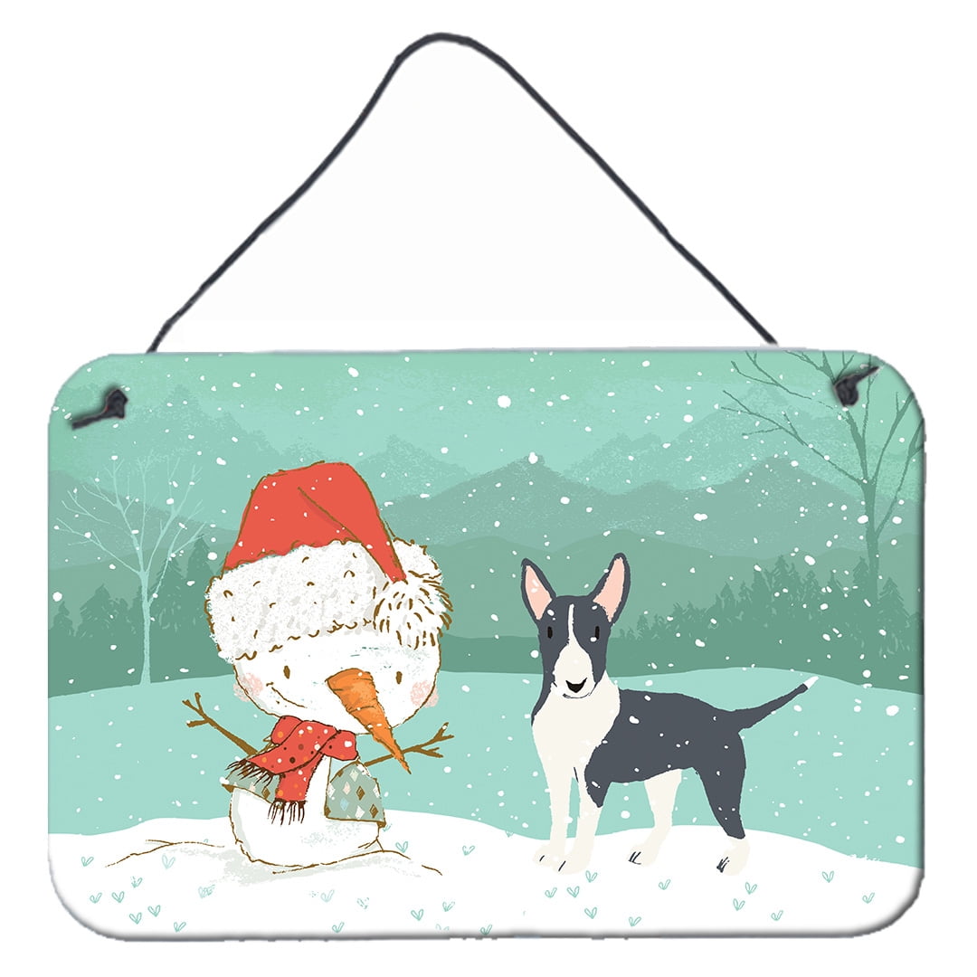 Black Bull Terrier Snowman Christmas Wall or Door Hanging Prints