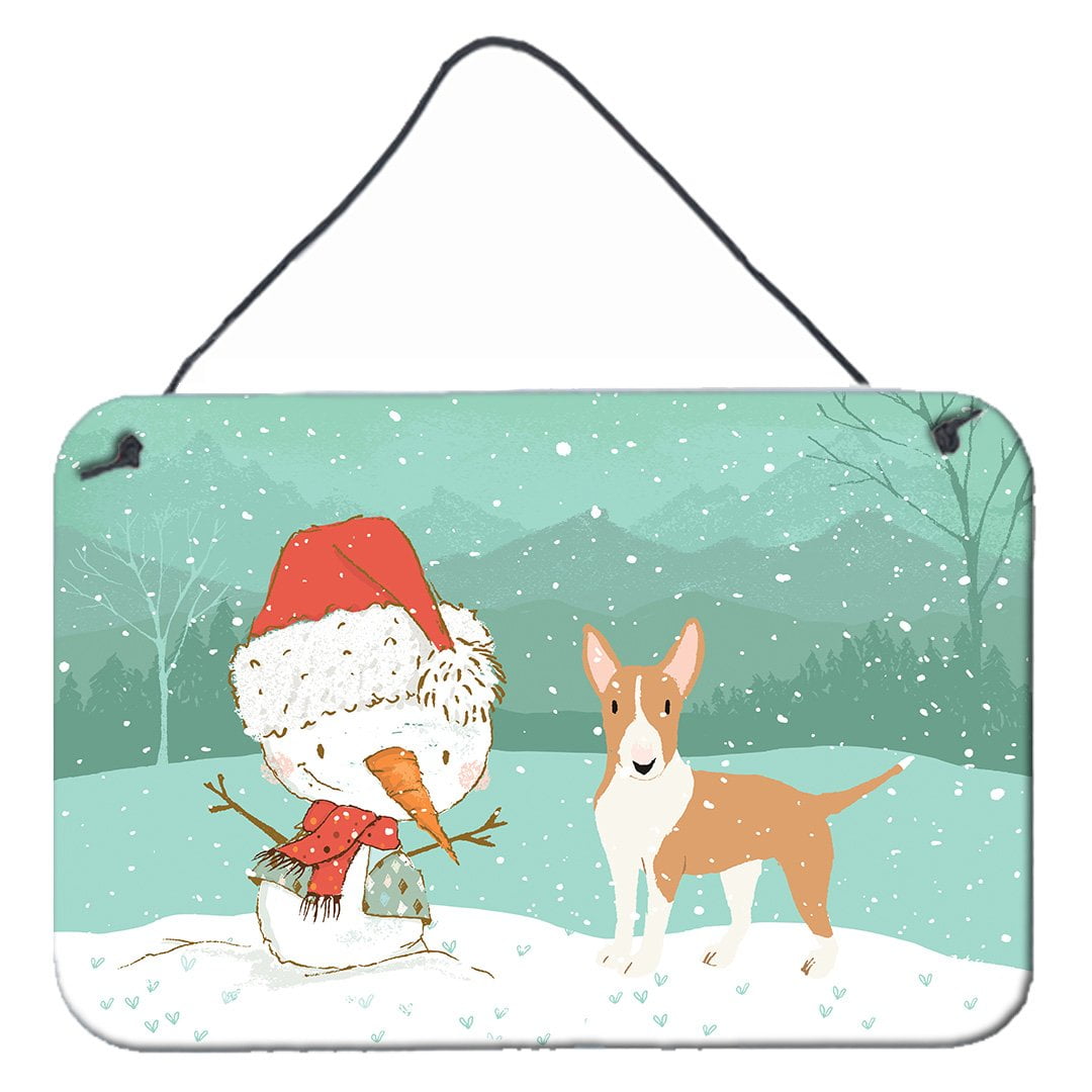 Fawn Bull Terrier Snowman Christmas Wall or Door Hanging Prints