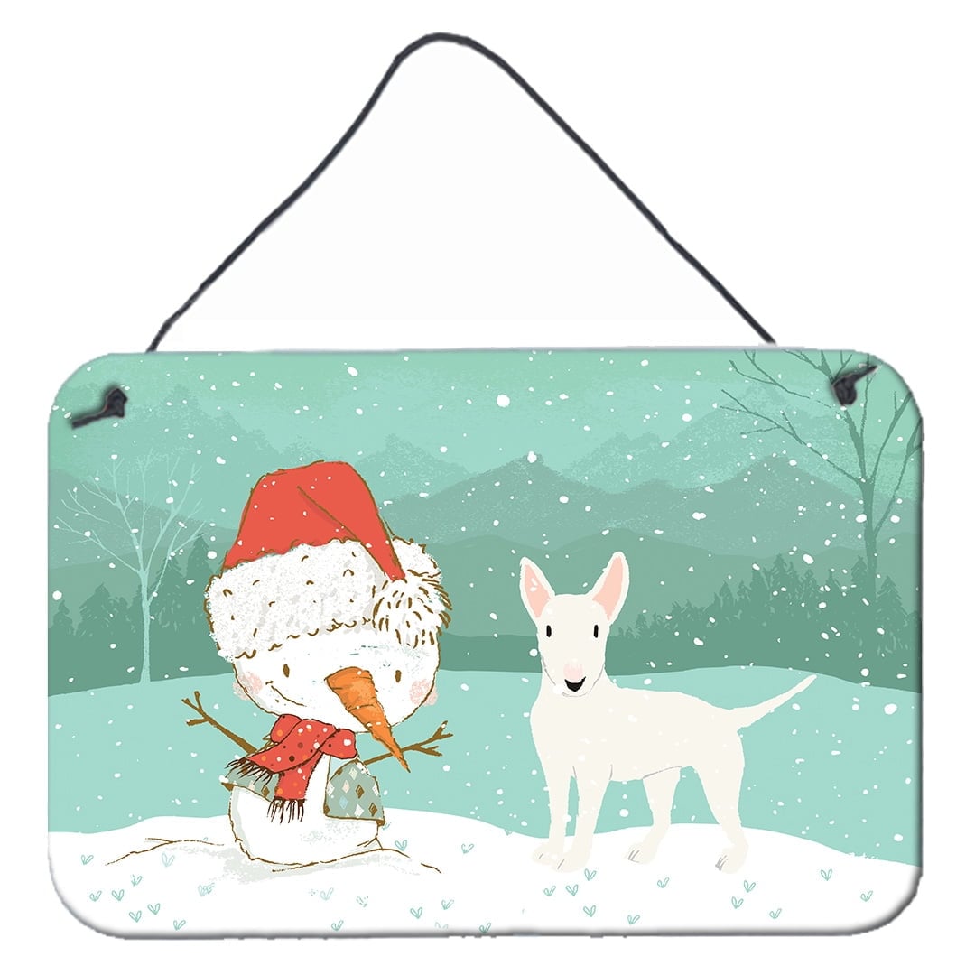 White Bull Terrier Snowman Christmas Wall or Door Hanging Prints