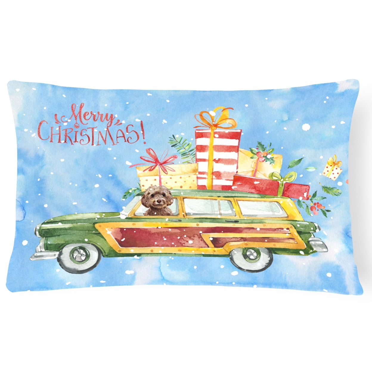 Merry Christmas Brown Cockapoo Canvas Fabric Decorative Pillow