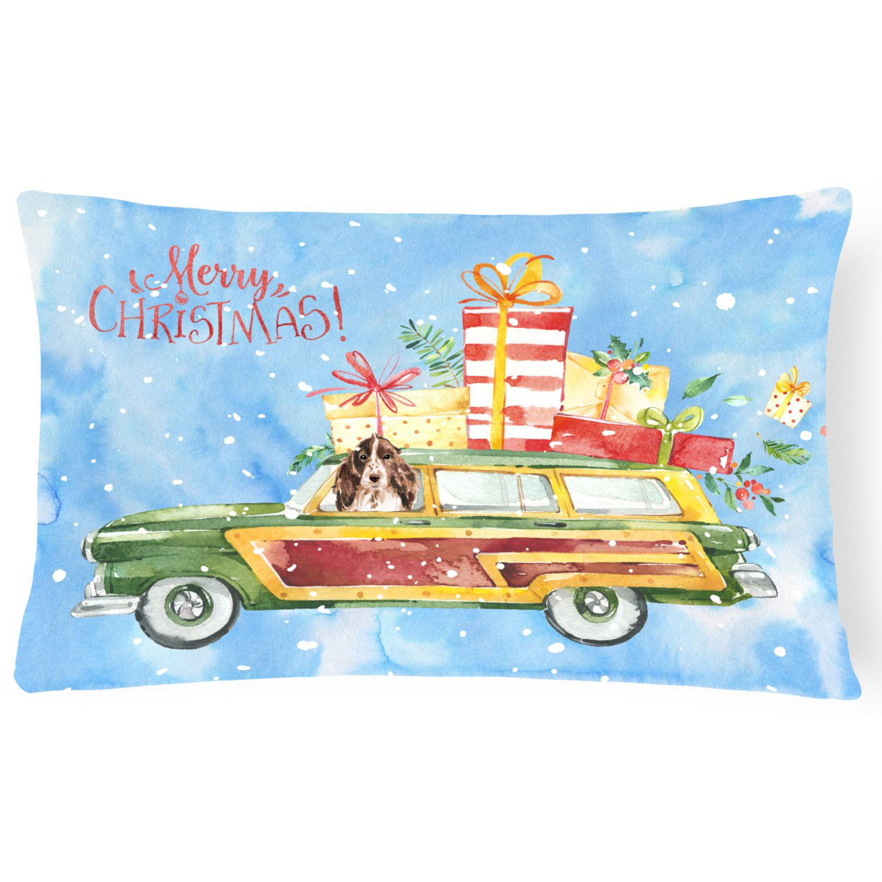 Merry Christmas Brown Parti Cocker Spaniel Canvas Fabric Decorative Pillow