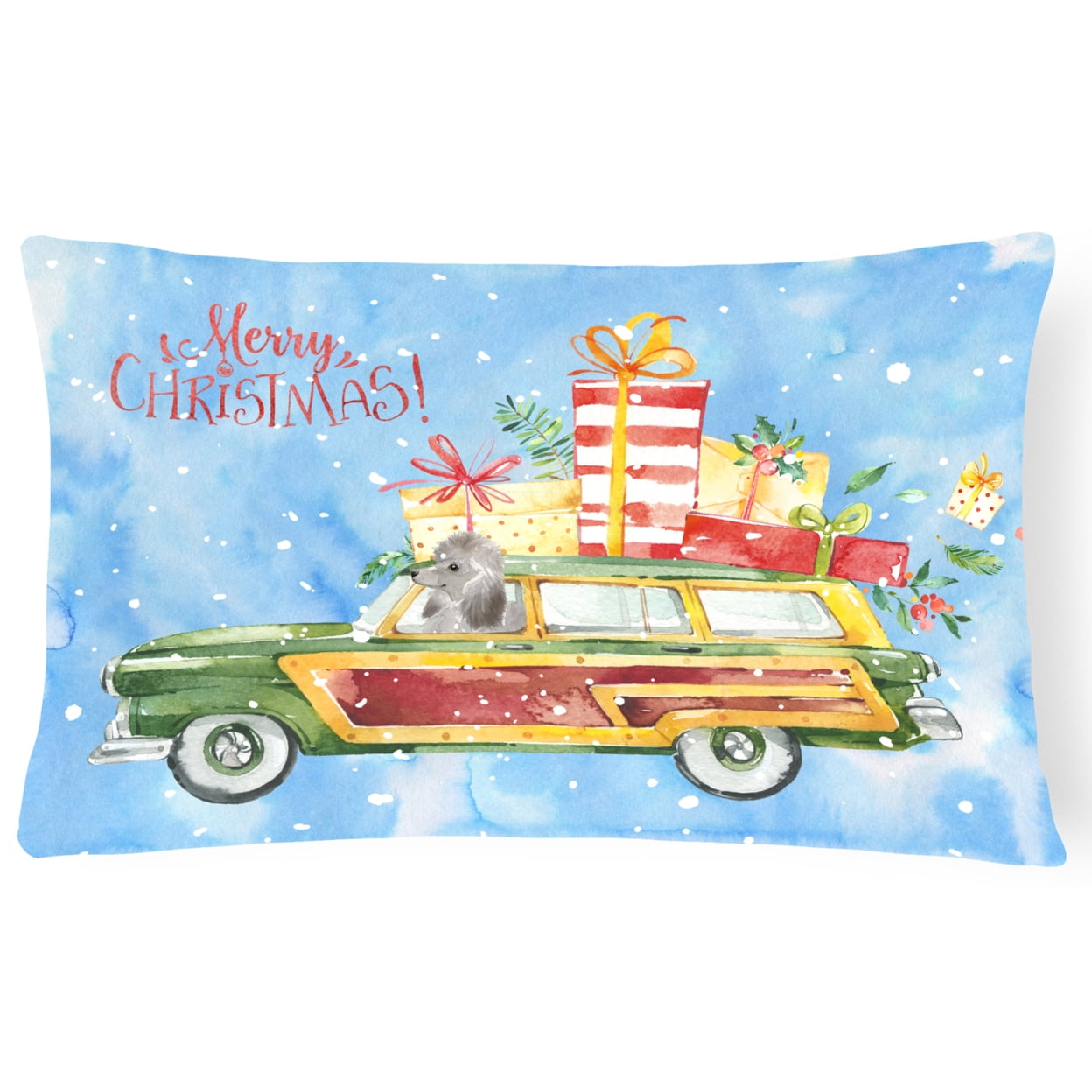 Merry Christmas Silver Poodle Canvas Fabric Decorative Pillow