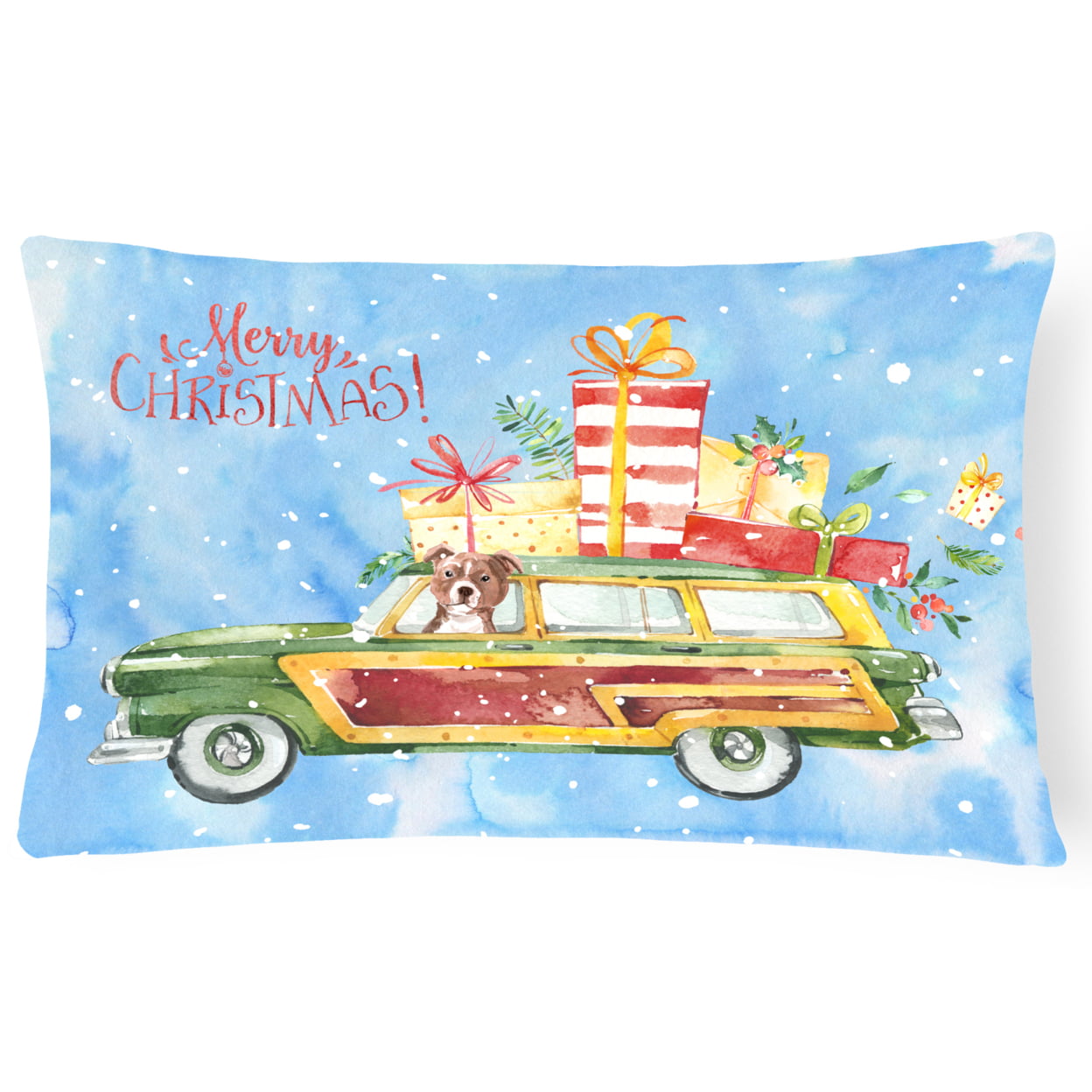Merry Christmas Red Staffie Bull Terrier Canvas Fabric Decorative Pillow