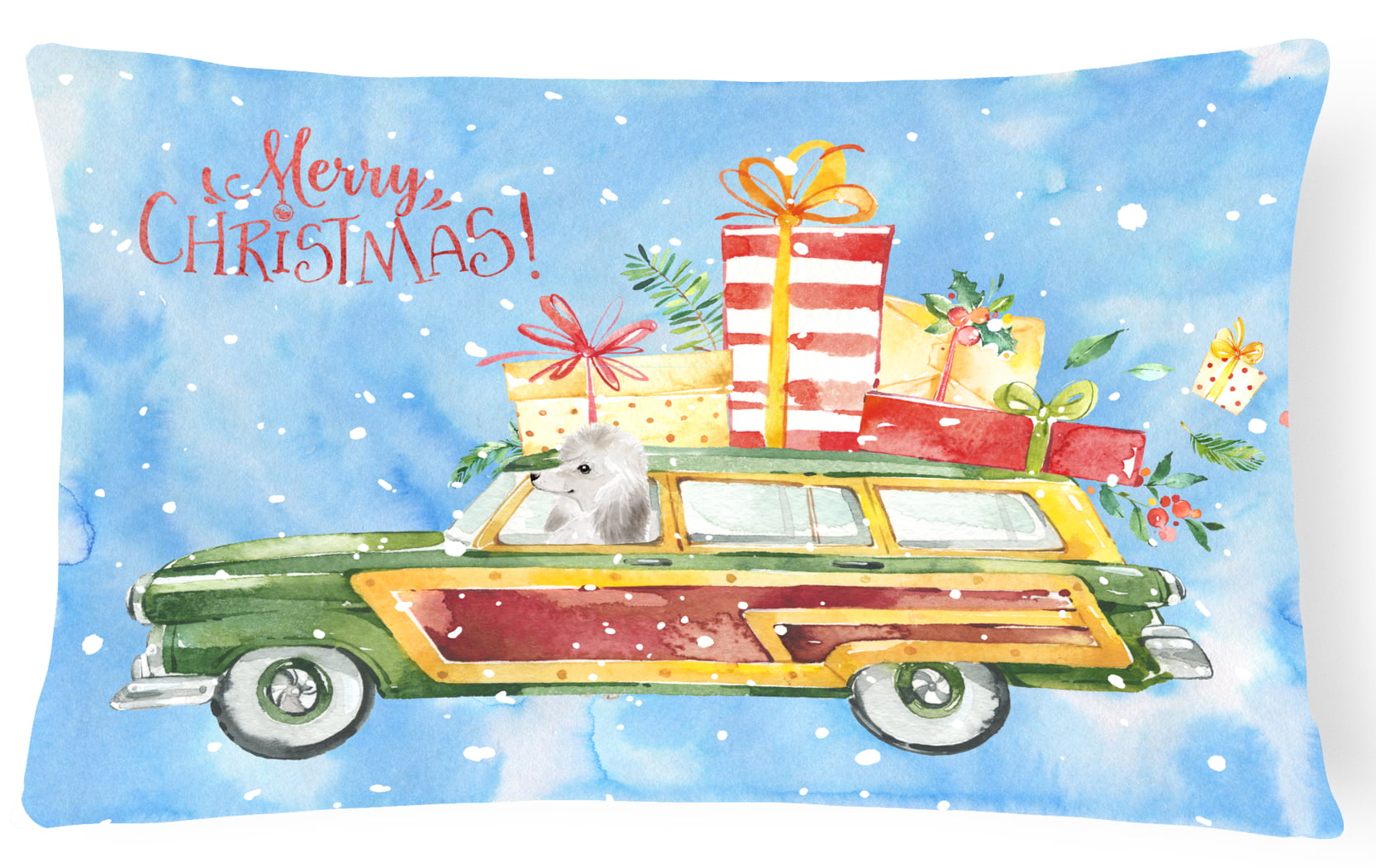 Merry Christmas White Poodle Canvas Fabric Decorative Pillow