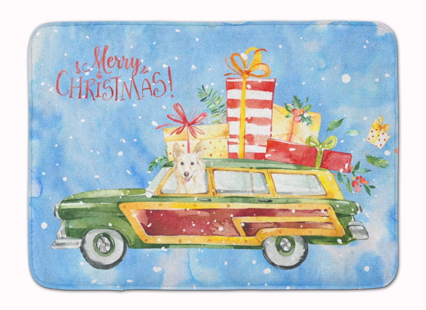 CK2429RUG Merry Christmas White Collie Machine Washable Memory Foam Mat