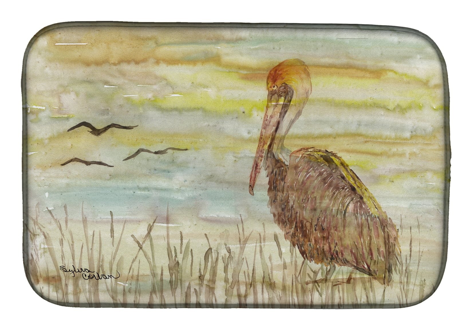 Picture of Carolines Treasures SC2025DDM Brown Pelican Yellow Sky Dish Drying Mat