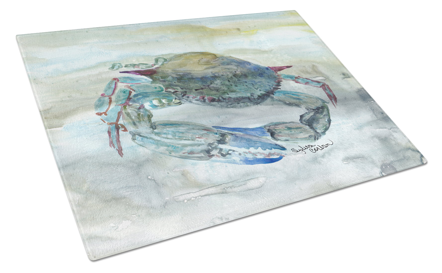 Blue Crab Watercolor Glass Cutting Board - Large