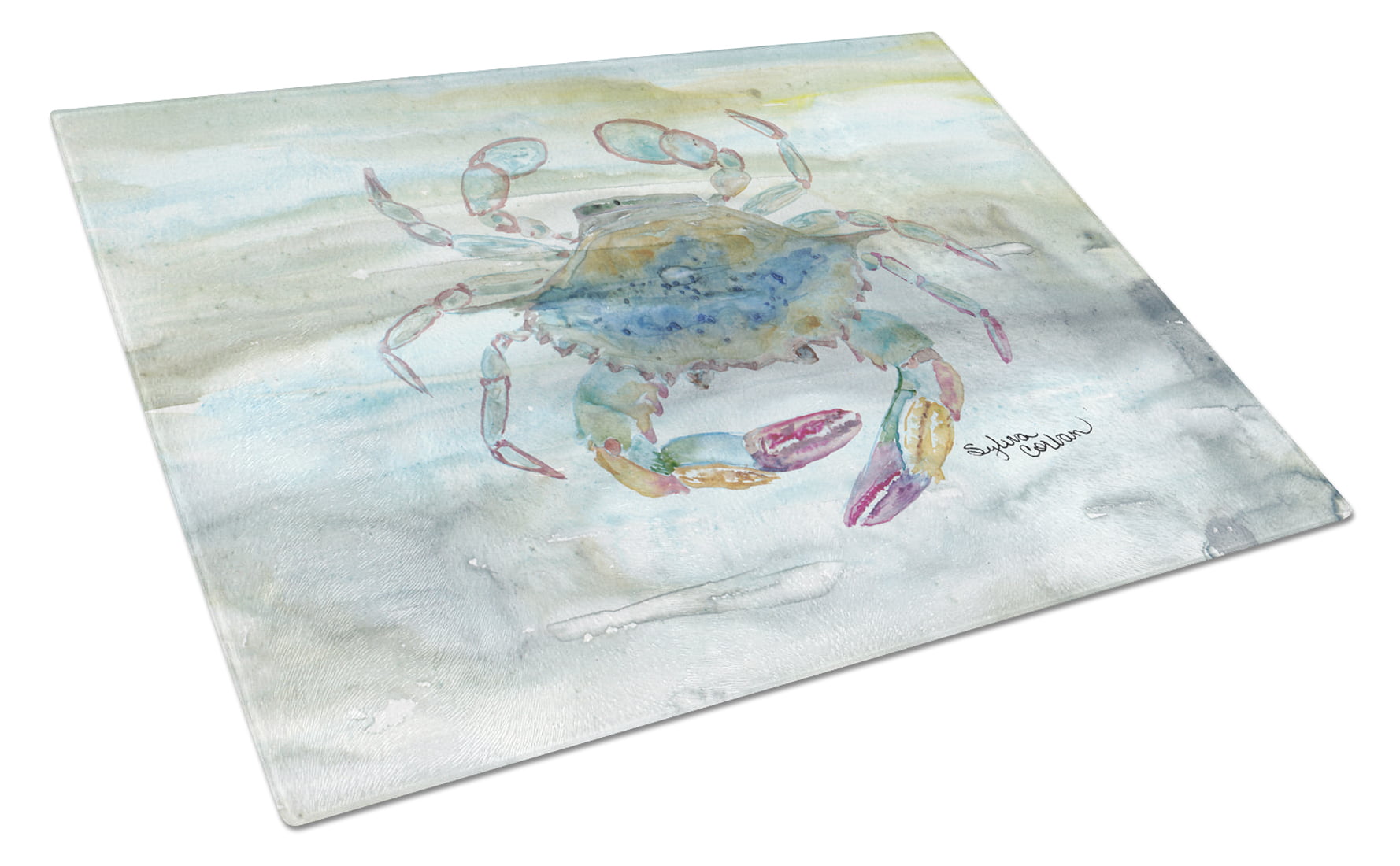 Female Blue Crab Watercolor Glass Cutting Board - Large