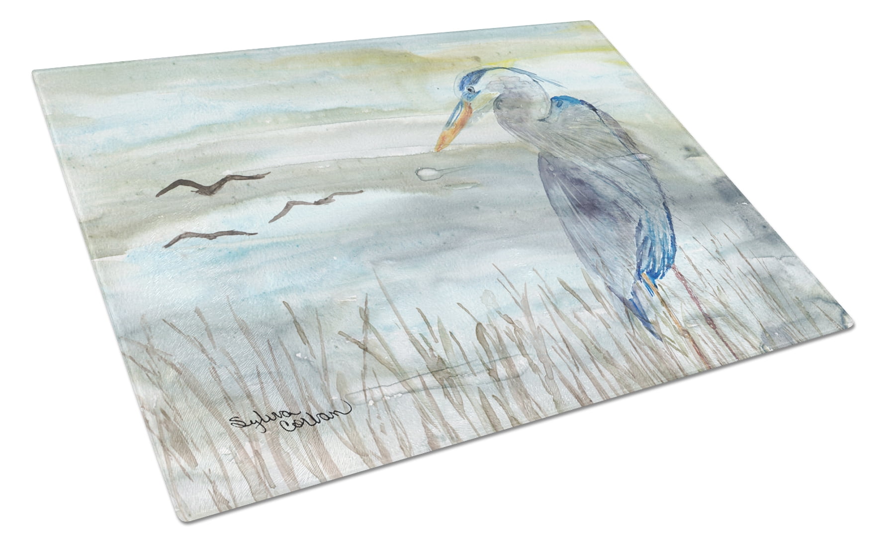 Blue Heron Watercolor Glass Cutting Board - Large