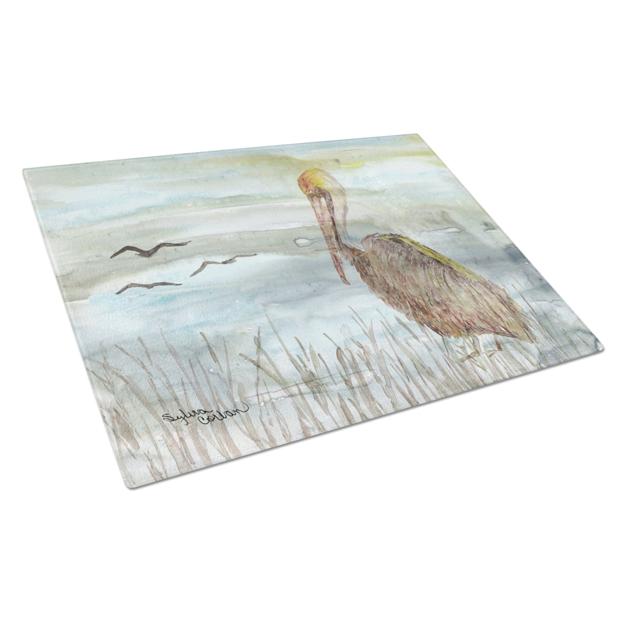Brown Pelican Watercolor Glass Cutting Board - Large