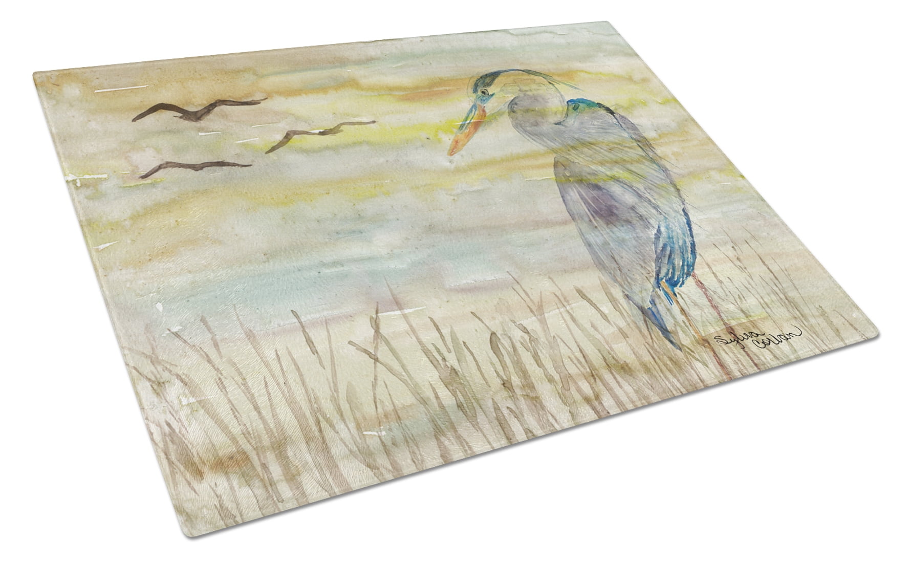 Blue Heron Yellow Sky Glass Cutting Board - Large