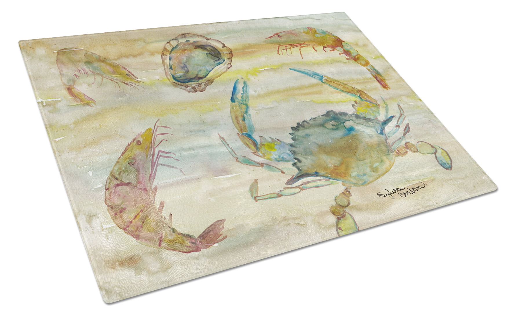 Crab, Shrimp, Oyster Yellow Sky Glass Cutting Board - Large
