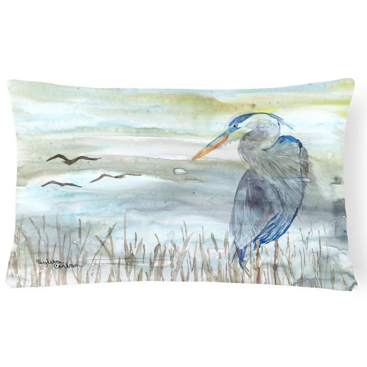 Blue Heron Watercolor Canvas Fabric Decorative Pillow
