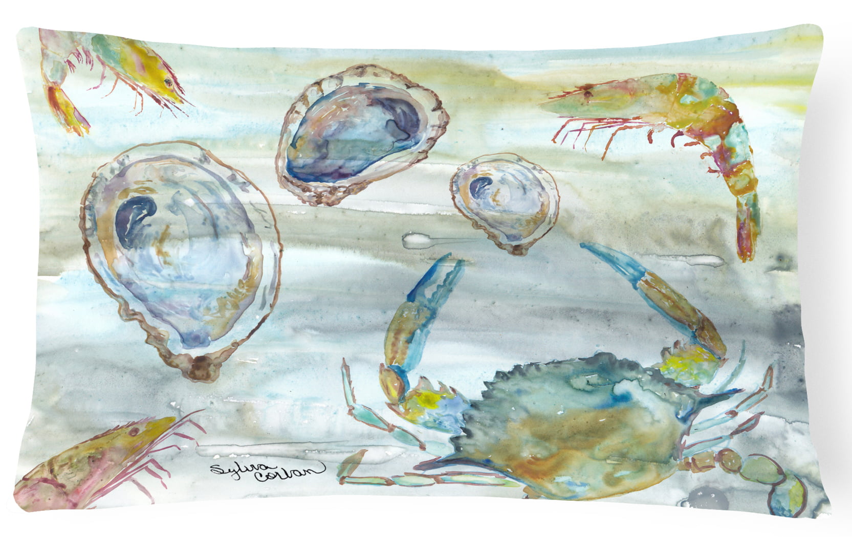 Crab, Shrimp & Oyster Watercolor Canvas Fabric Decorative Pillow