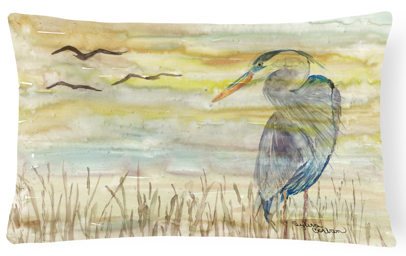 Blue Heron Yellow Sky Canvas Fabric Decorative Pillow