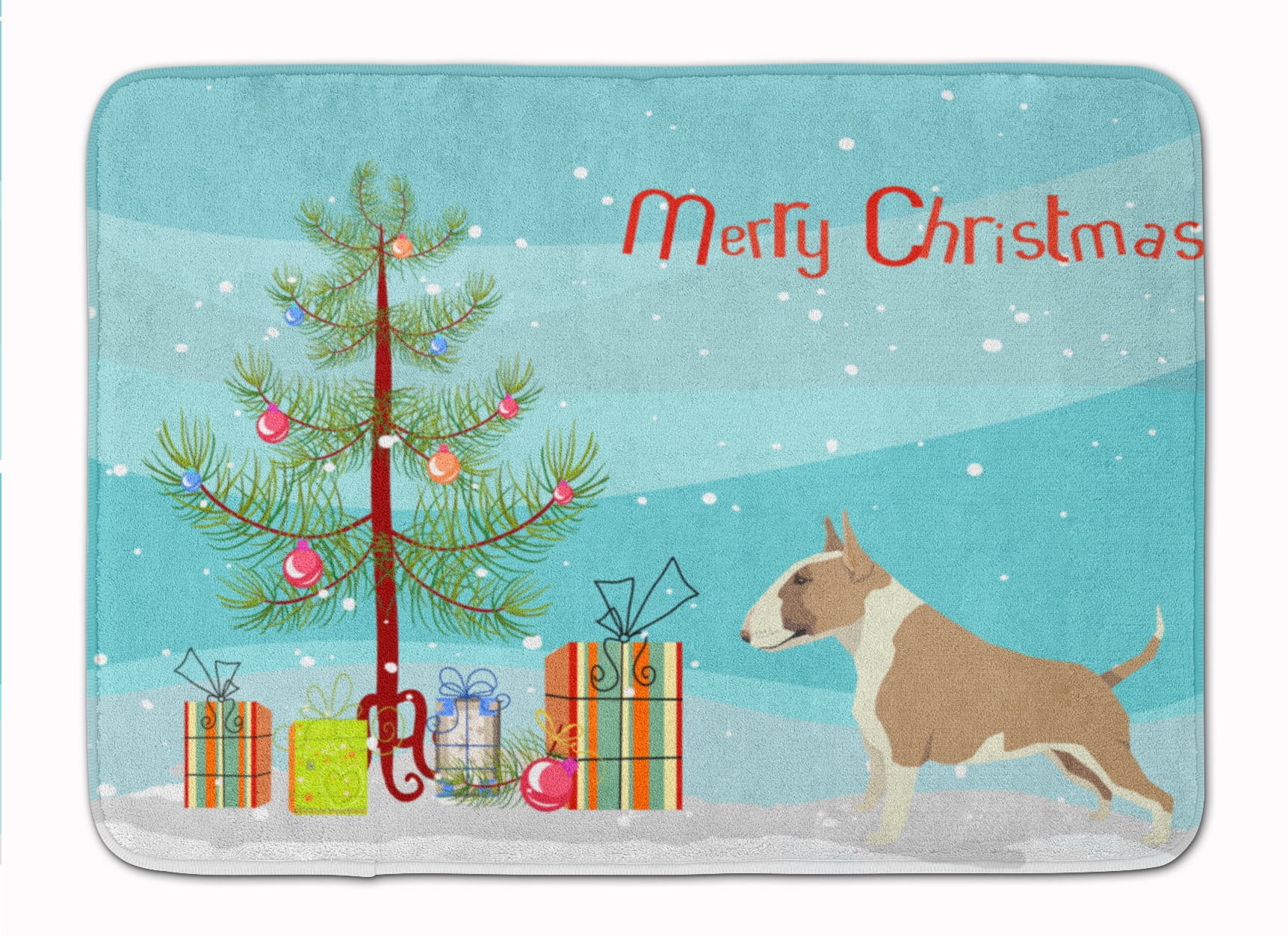 Fawn & White Bull Terrier Christmas Tree Machine Washable Memory Foam Mat