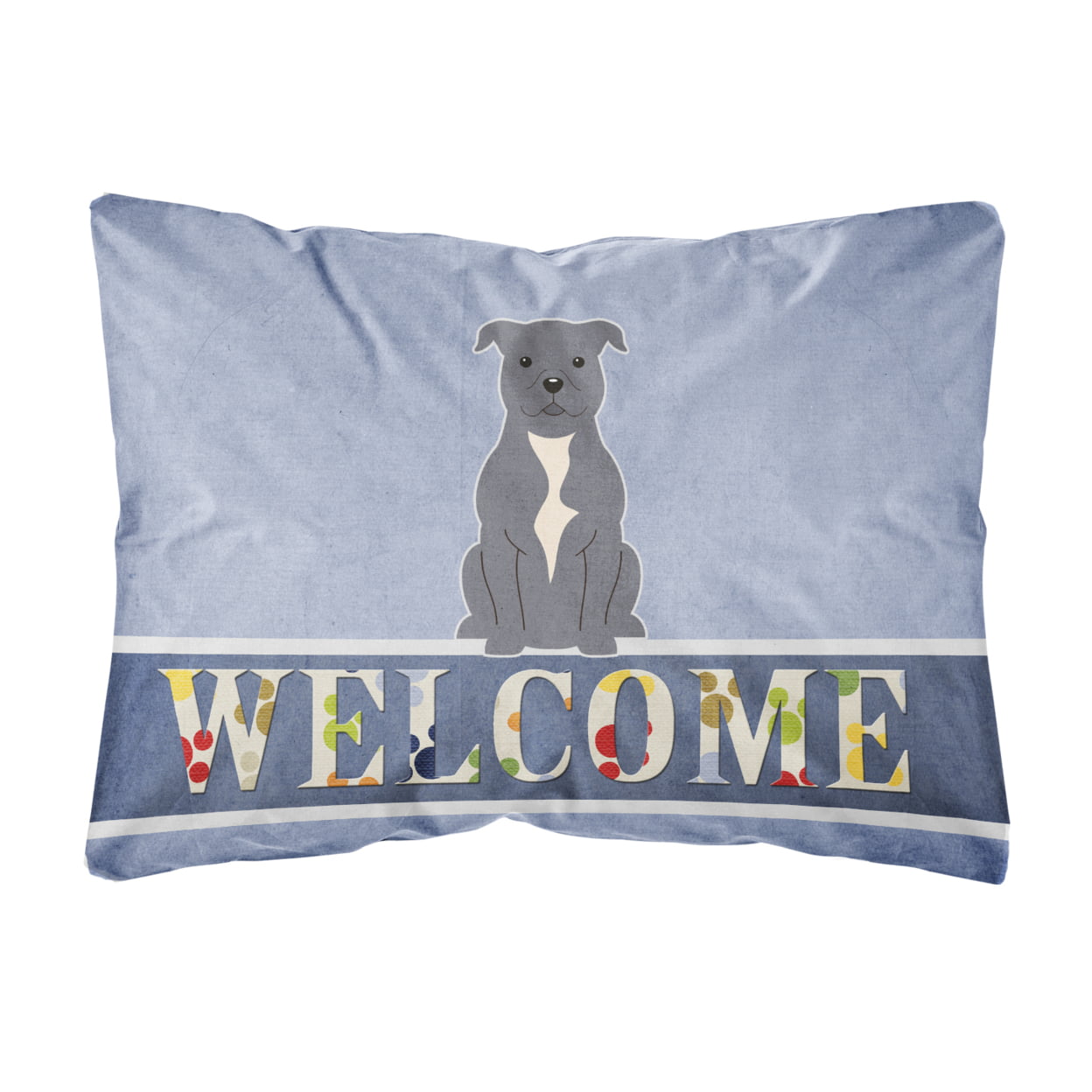 Staffordshire Bull Terrier Blue Welcome Canvas Fabric Decorative Pillow